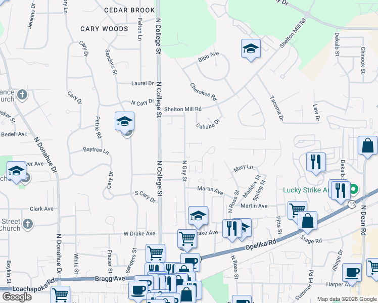 map of restaurants, bars, coffee shops, grocery stores, and more near 808 North Gay Street in Auburn