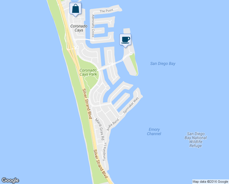 map of restaurants, bars, coffee shops, grocery stores, and more near 41 Blue Anchor Cay Road in Coronado
