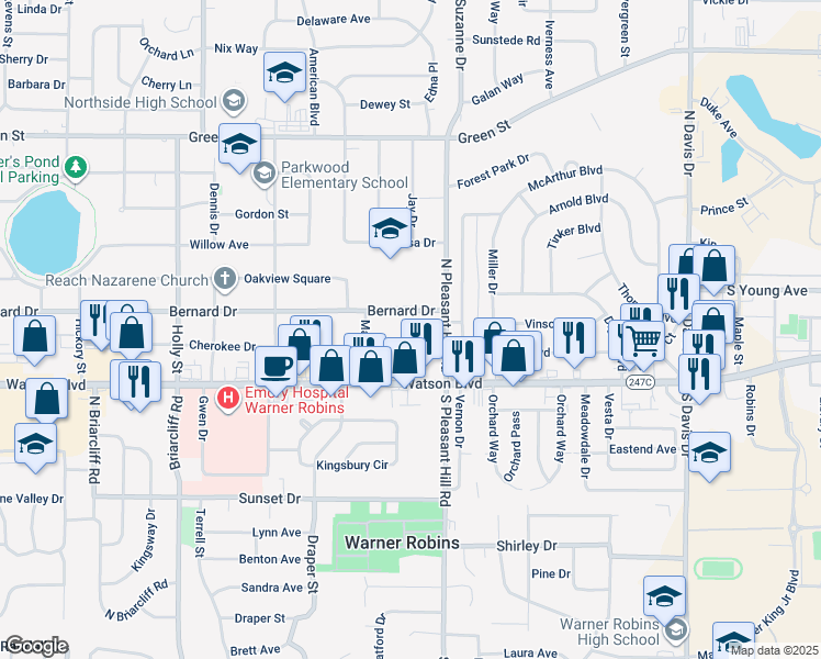 map of restaurants, bars, coffee shops, grocery stores, and more near 205 Bernard Drive in Warner Robins