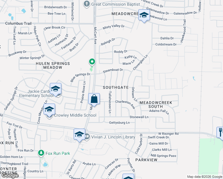 map of restaurants, bars, coffee shops, grocery stores, and more near 8340 Tallahassee Lane in Fort Worth