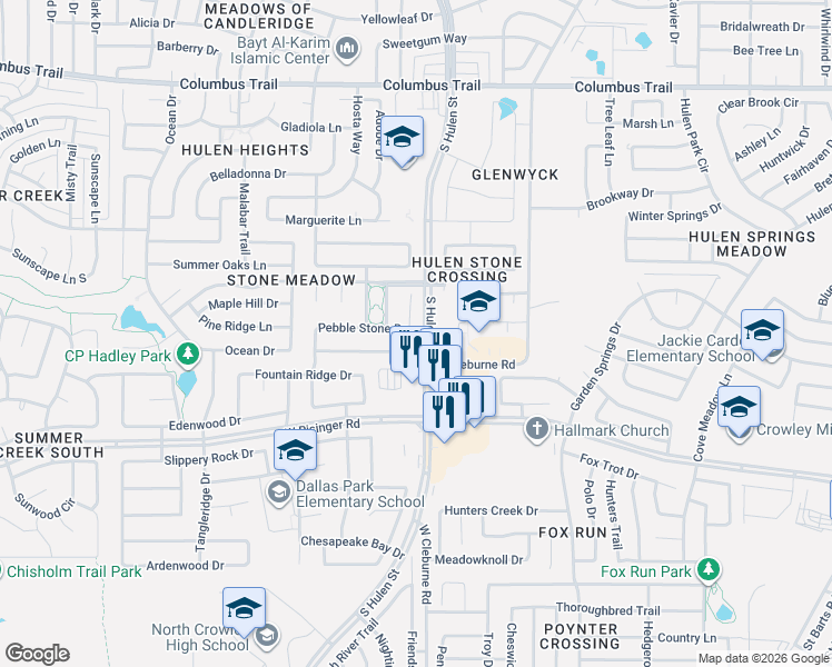 map of restaurants, bars, coffee shops, grocery stores, and more near 8321 Rock Canyon Court in Fort Worth
