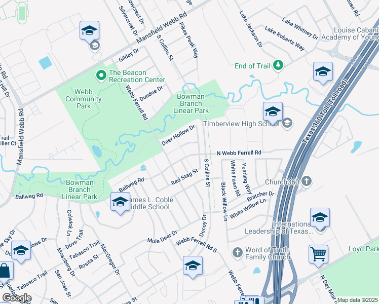 map of restaurants, bars, coffee shops, grocery stores, and more near 1403 North Webb Ferrell Road in Arlington