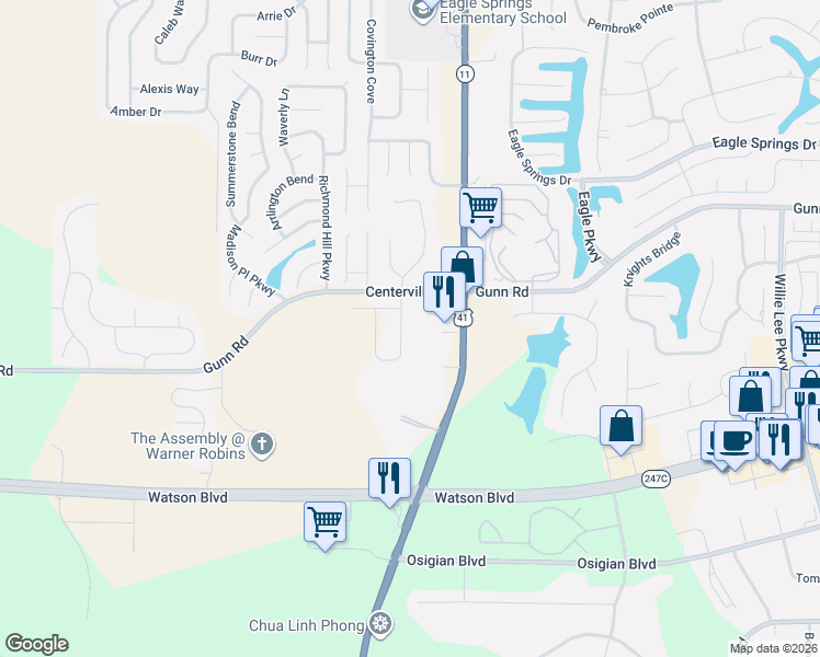 map of restaurants, bars, coffee shops, grocery stores, and more near 901 Gunn Road in Byron