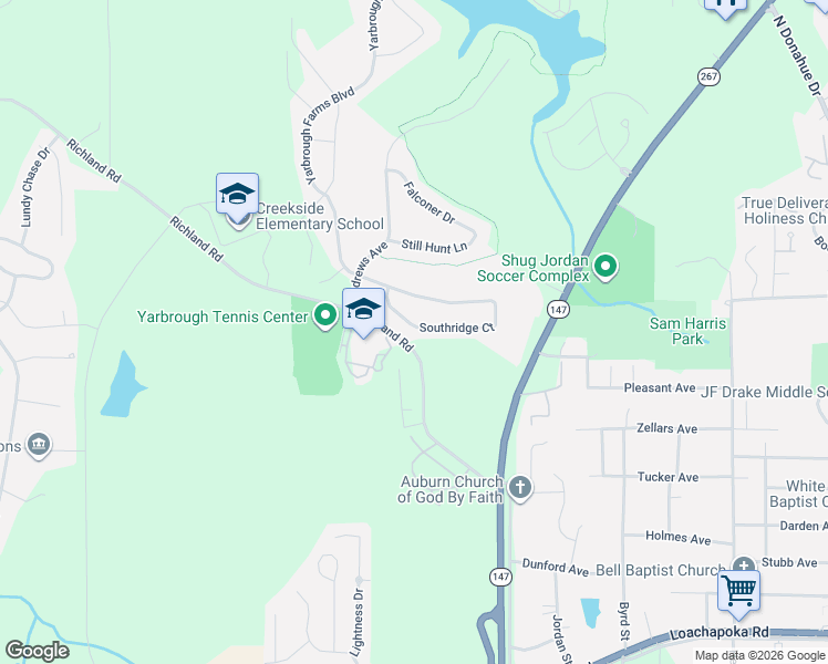 map of restaurants, bars, coffee shops, grocery stores, and more near Southridge Court in Auburn