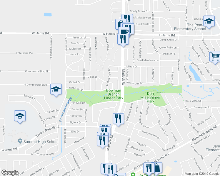 map of restaurants, bars, coffee shops, grocery stores, and more near 723 Allencrest Drive in Arlington