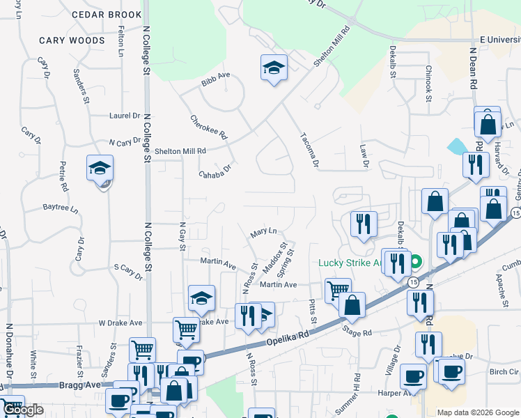map of restaurants, bars, coffee shops, grocery stores, and more near 357 Jack Hampton Drive in Auburn