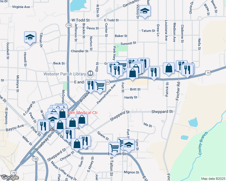 map of restaurants, bars, coffee shops, grocery stores, and more near 606 Pennsylvania Avenue in Minden
