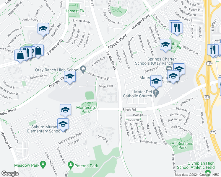 map of restaurants, bars, coffee shops, grocery stores, and more near Calle Avila in Chula Vista