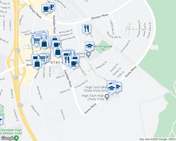 map of restaurants, bars, coffee shops, grocery stores, and more near 1729 Cripple Creek Drive in Chula Vista