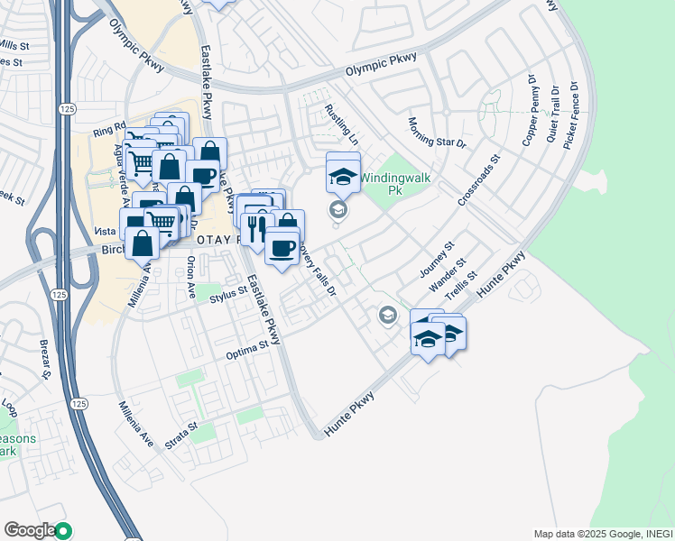 map of restaurants, bars, coffee shops, grocery stores, and more near 1733 Cripple Creek Drive in Chula Vista