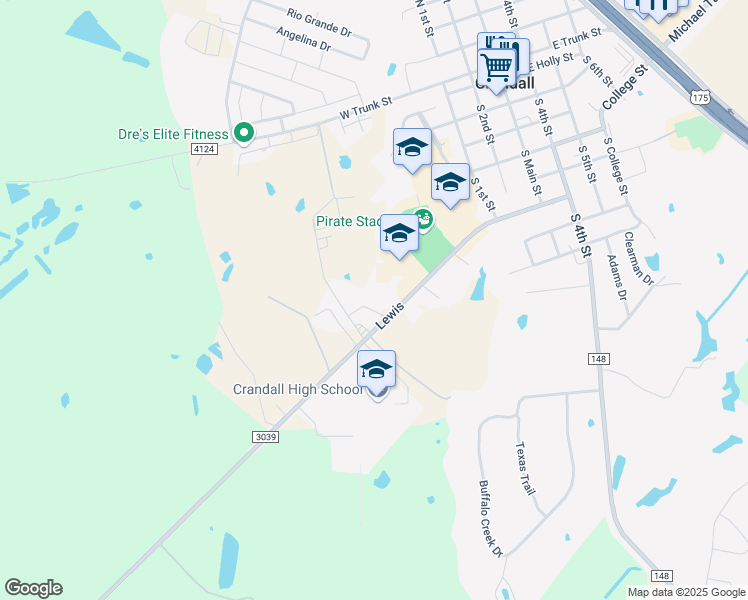 map of restaurants, bars, coffee shops, grocery stores, and more near 13250 Farm to Market Road 3039 in Crandall