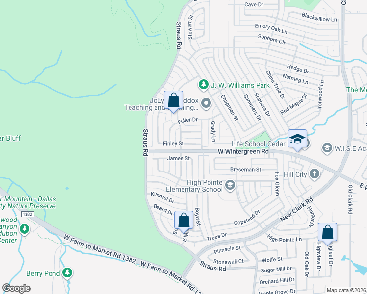 map of restaurants, bars, coffee shops, grocery stores, and more near 613 Finley Street in Cedar Hill