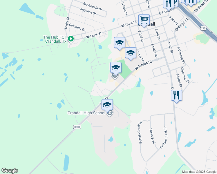 map of restaurants, bars, coffee shops, grocery stores, and more near 13250 Farm to Market Road 3039 in Crandall