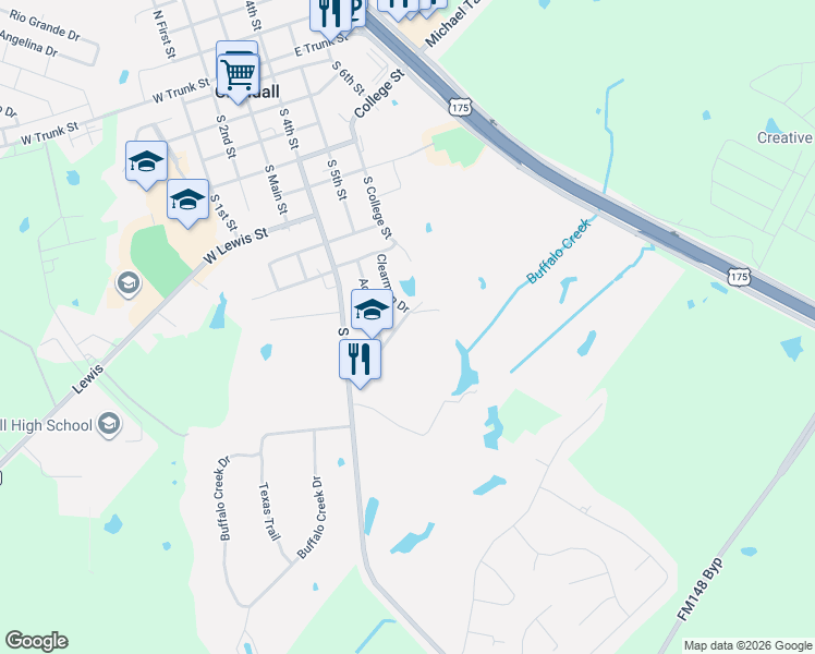 map of restaurants, bars, coffee shops, grocery stores, and more near 116 Willow Lake Lane in Crandall