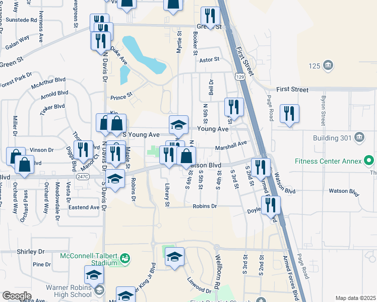 map of restaurants, bars, coffee shops, grocery stores, and more near 506 Marshall Avenue in Warner Robins