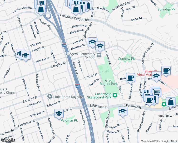 map of restaurants, bars, coffee shops, grocery stores, and more near 1173 Oasis Avenue in Chula Vista