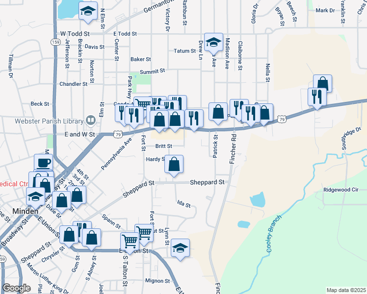 map of restaurants, bars, coffee shops, grocery stores, and more near 415 Meadowview Drive in Minden