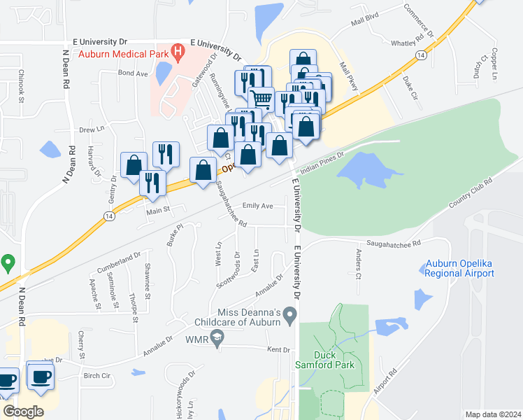 map of restaurants, bars, coffee shops, grocery stores, and more near 1546 Emily Avenue in Auburn
