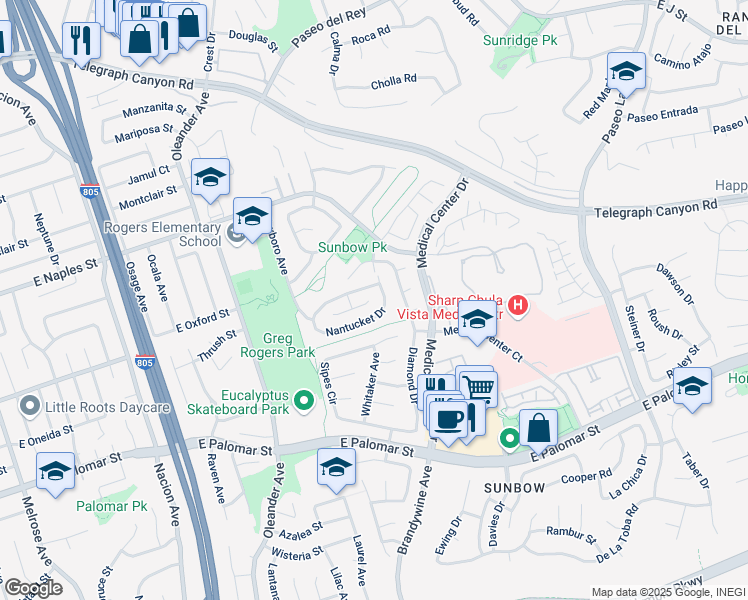 map of restaurants, bars, coffee shops, grocery stores, and more near 620 Hampshire Lane in Chula Vista