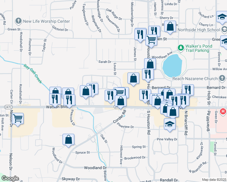 map of restaurants, bars, coffee shops, grocery stores, and more near 101 Woodcrest Circle in Warner Robins