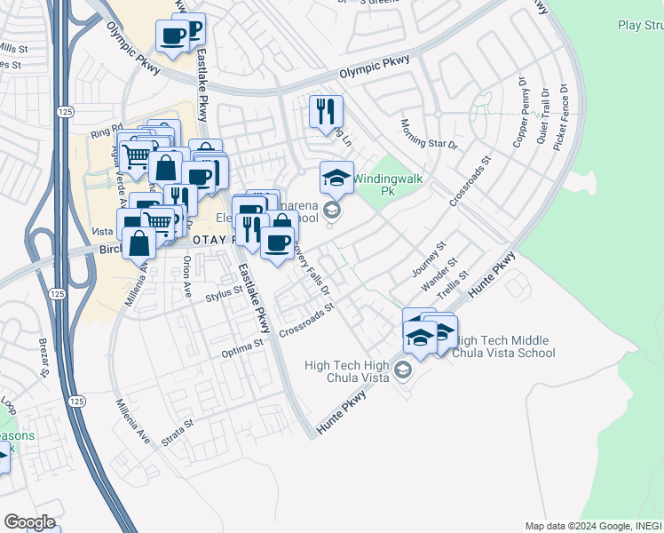 map of restaurants, bars, coffee shops, grocery stores, and more near 1722 Cripple Creek Drive in Chula Vista