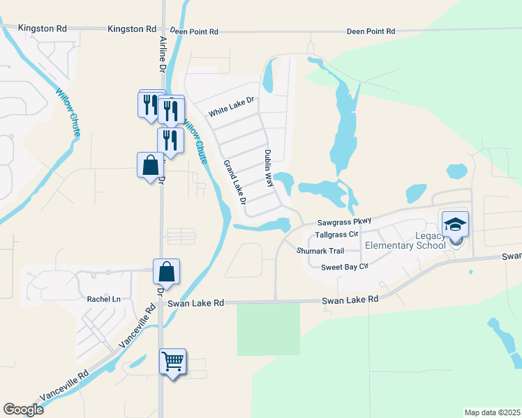 map of restaurants, bars, coffee shops, grocery stores, and more near 3214 Grand Lake Drive in Bossier City