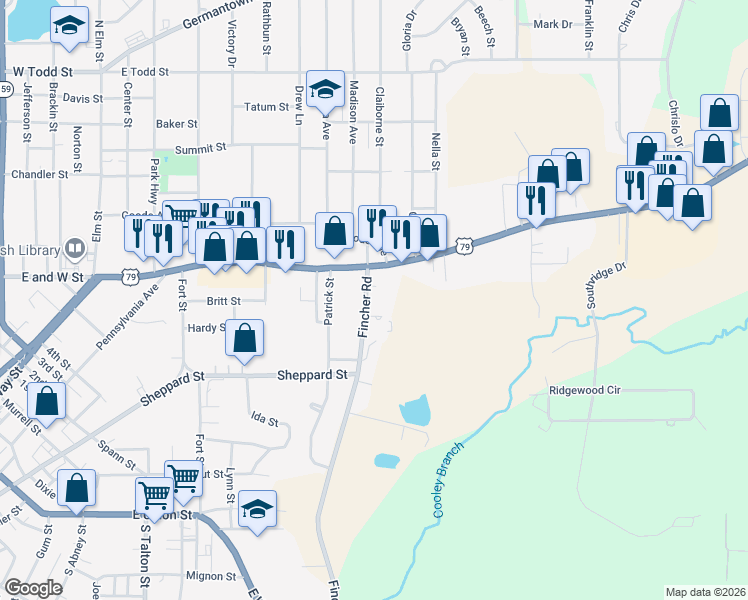 map of restaurants, bars, coffee shops, grocery stores, and more near 406 Fincher Road in Minden