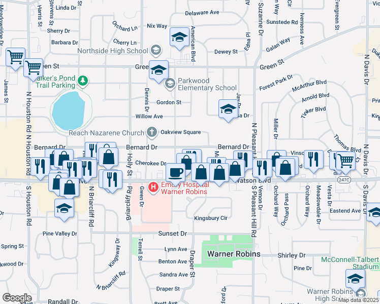 map of restaurants, bars, coffee shops, grocery stores, and more near 319 Bernard Drive in Warner Robins