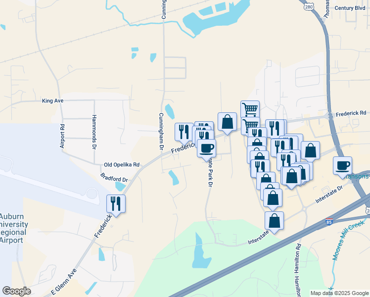 map of restaurants, bars, coffee shops, grocery stores, and more near 2242 Frederick Road in Opelika