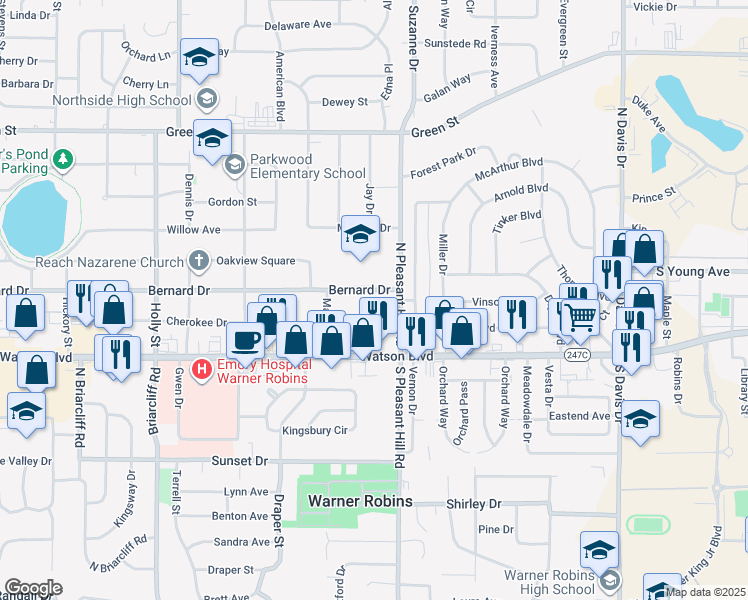 map of restaurants, bars, coffee shops, grocery stores, and more near 205 Bernard Drive in Warner Robins