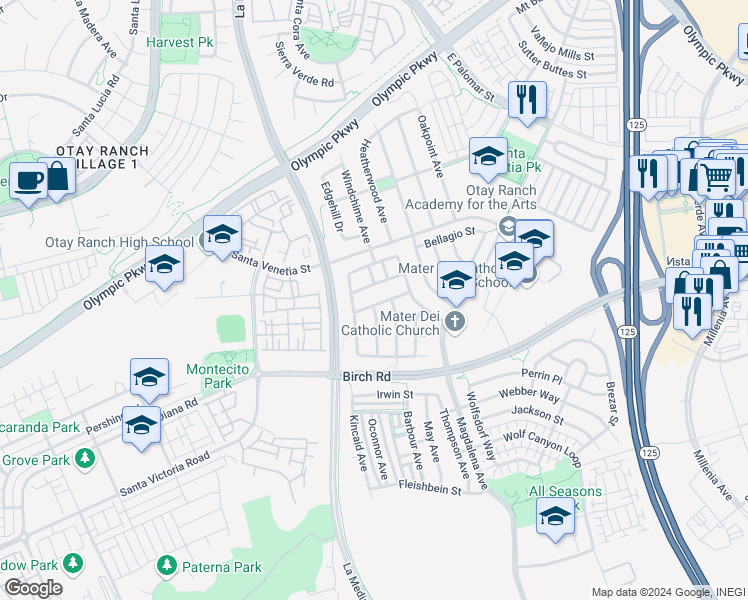 map of restaurants, bars, coffee shops, grocery stores, and more near 1669 San Pasqual Street in Chula Vista