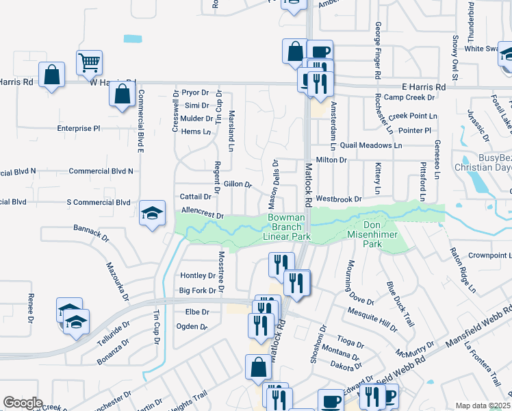 map of restaurants, bars, coffee shops, grocery stores, and more near 7811 Calgary Lane in Arlington