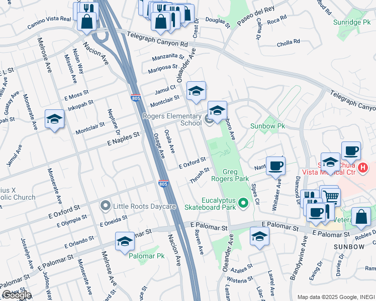 map of restaurants, bars, coffee shops, grocery stores, and more near 1169 Oasis Avenue in Chula Vista