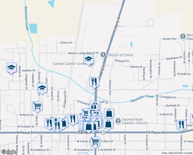 map of restaurants, bars, coffee shops, grocery stores, and more near 3443 North Liberty Street in Canton