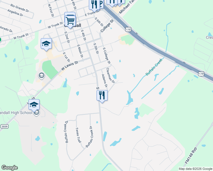 map of restaurants, bars, coffee shops, grocery stores, and more near 716 Adams Drive in Crandall