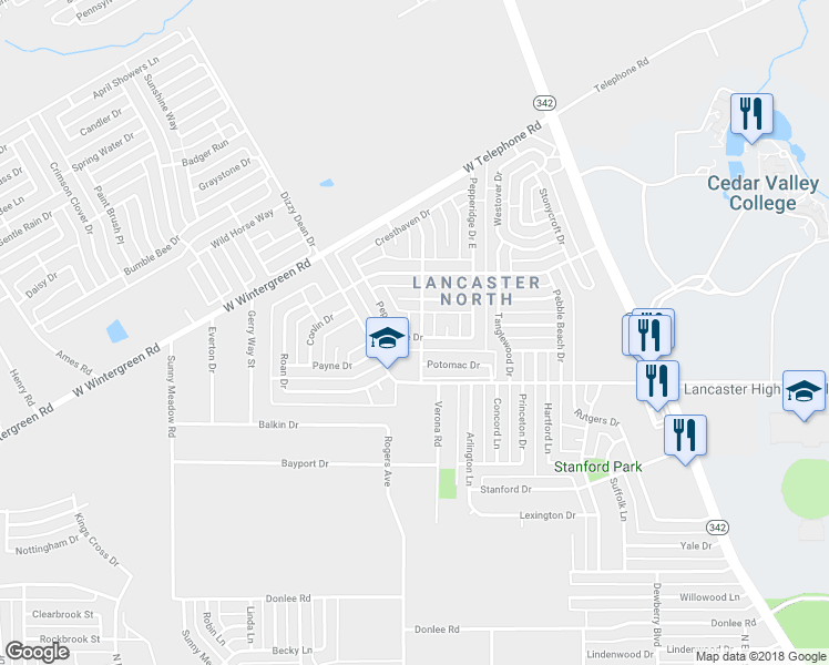 map of restaurants, bars, coffee shops, grocery stores, and more near 2733 Town North Drive in Lancaster