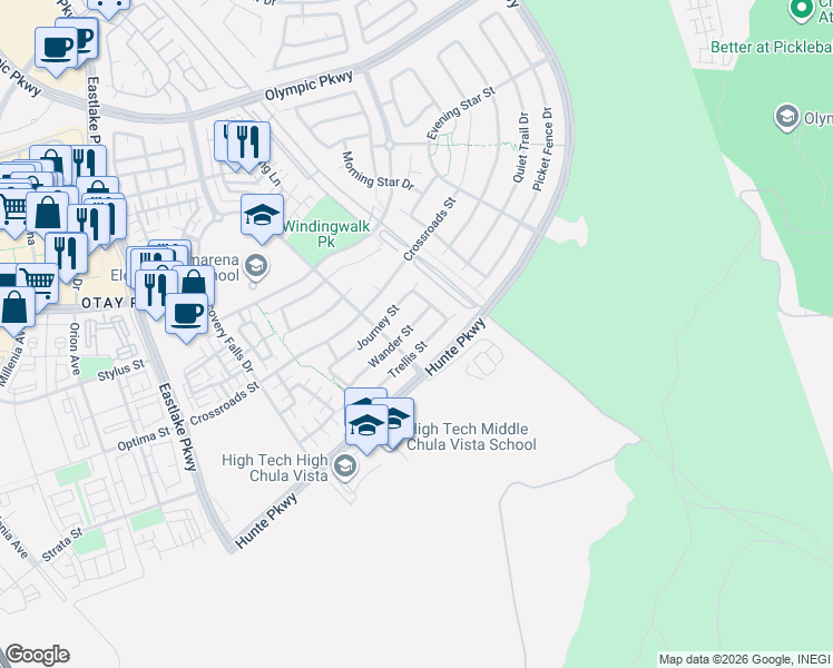 map of restaurants, bars, coffee shops, grocery stores, and more near 2368 Wander Street in Chula Vista