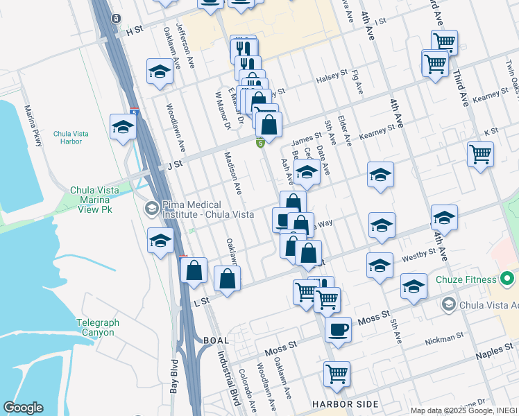 map of restaurants, bars, coffee shops, grocery stores, and more near 641 K Street in Chula Vista