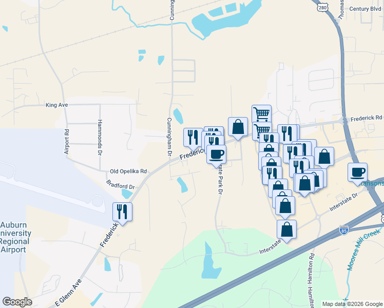 map of restaurants, bars, coffee shops, grocery stores, and more near 2242-2798 Frederick Road in Opelika