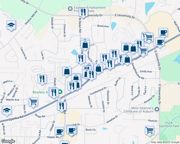 map of restaurants, bars, coffee shops, grocery stores, and more near 1057 Opelika Road in Auburn
