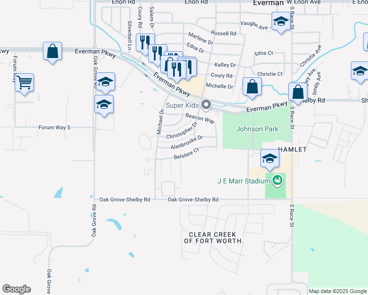 map of restaurants, bars, coffee shops, grocery stores, and more near 1904 Alanbrooke Drive in Fort Worth