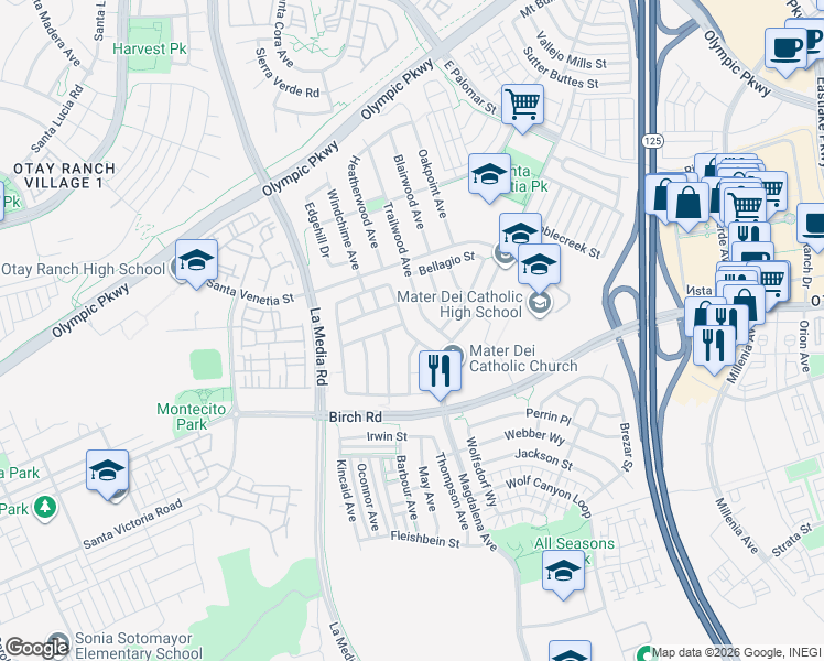 map of restaurants, bars, coffee shops, grocery stores, and more near 1595 Lokoya Drive in Chula Vista
