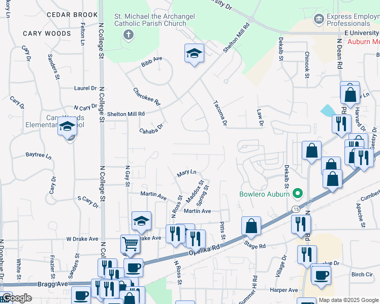 map of restaurants, bars, coffee shops, grocery stores, and more near 357 Jack Hampton Drive in Auburn