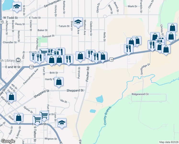map of restaurants, bars, coffee shops, grocery stores, and more near 406 Fincher Road in Minden