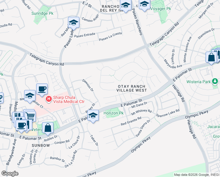 map of restaurants, bars, coffee shops, grocery stores, and more near 1353 Santa Olivia Road in Chula Vista