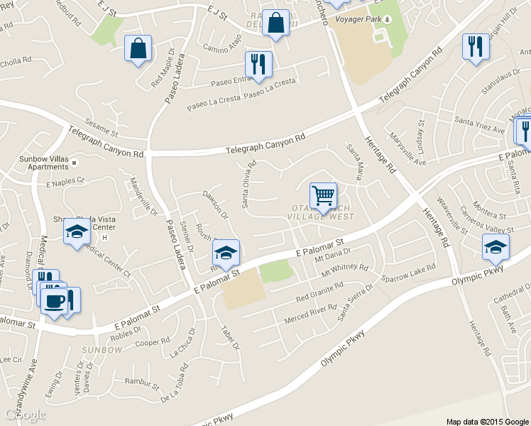 map of restaurants, bars, coffee shops, grocery stores, and more near 1353 Santa Olivia Road in Chula Vista