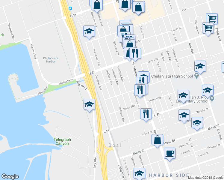 map of restaurants, bars, coffee shops, grocery stores, and more near 776 Oaklawn Avenue in Chula Vista
