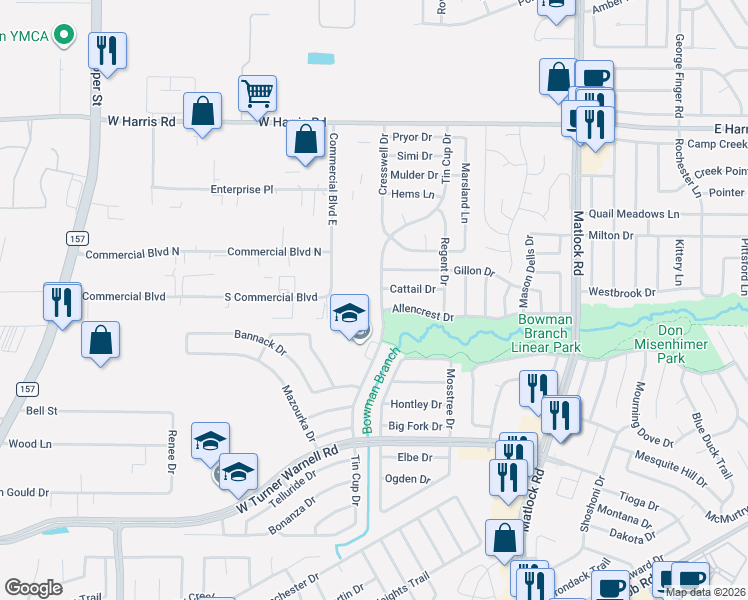 map of restaurants, bars, coffee shops, grocery stores, and more near 928 Cattail Drive in Arlington