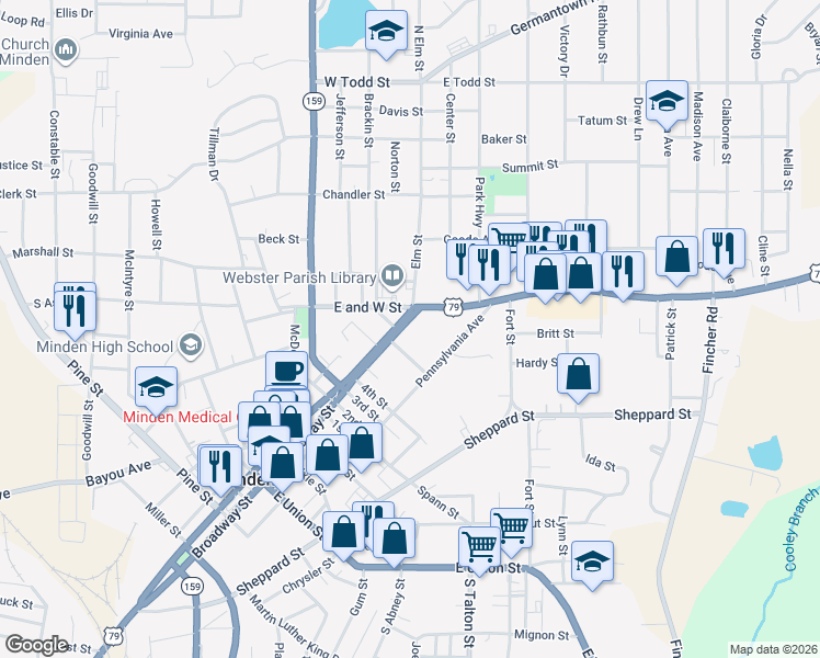 map of restaurants, bars, coffee shops, grocery stores, and more near 1300 Broadway Street in Minden