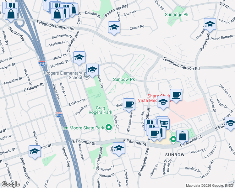 map of restaurants, bars, coffee shops, grocery stores, and more near 577 Hampshire Ln in Chula Vista
